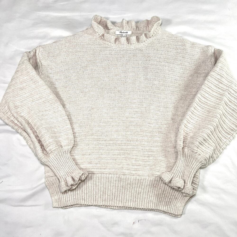Madewell Sweater Size M Cream Ivory Ruffle-Neck Pullover Knit Cotton Merino Wool